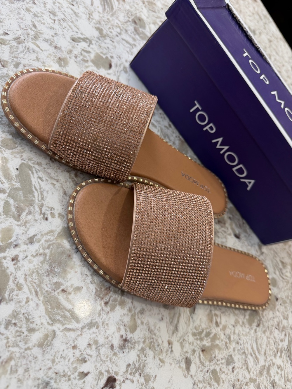 TOP Moda Rose Gold Crystal Slide Sandals